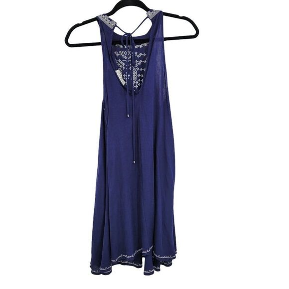 Dress Boho Halter Tie Back Swing Shift Sleeveless Knee Embroidered Navy Sz S - Picture 7 of 9